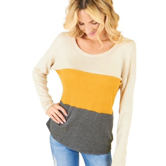 PS KATE Mustard Gray Waffle Knit Color Block Long Sleeve Top Open Back 11243 - Picture 5 of 15